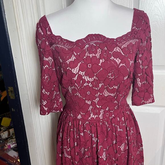 ASOS lace midi dress burgundy fit-flare wedding guest cocktail - Picture 6 of 12